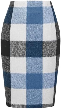 IDEALSANXUN Plaid Skirts for Women Fall Winter Knee Length Pencil Wool Skirt with Slit