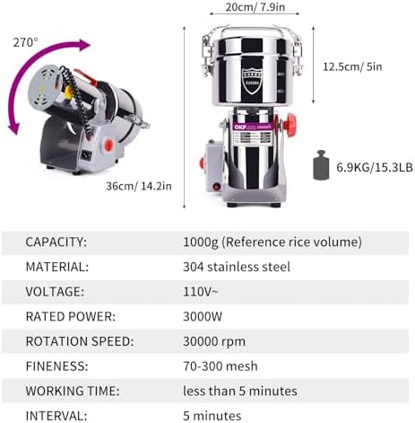1000g Grain Mill, 304 Stainless Steel Spice Grinder, 3000W High-speed Commercial Flour Mill, Superfine Flour Mill Grinder for Home, Grain Mill for Flour