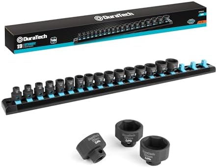 DURATECH 19-Piece 3/8" Drive Stubby Impact Socket Set for Narrow Spaces | 6mm-24mm, Metric, Cr-Mo Steel, Size Markings, Organized in Magnetic Storage Rail, for Tight Spaces, Automotive Repairs