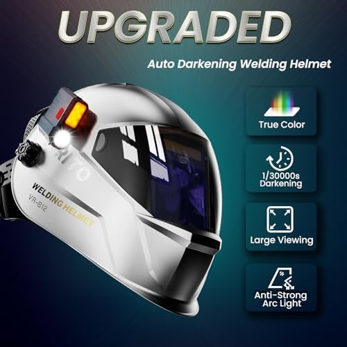 Large View True Color Auto Darkening Welding Helmet with LED Light - Solar Powered, 4 Arc Sensors, 1/1/1/1 Optical Clarity, Wide Shade 4/5-13 for TIG MIG ARC Grind