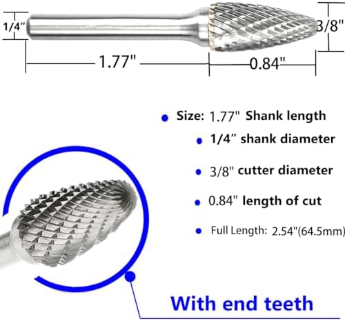 Carbide Burr Set 1/4" Shank SF-3 Die Grinder Bits Tungsten Double Cut Burr Bits (3/8" Cutter Dia X 0.84" Cutter Length) for Die Grinder Kits Metal Grinding Drilling Polishing (1pcs)