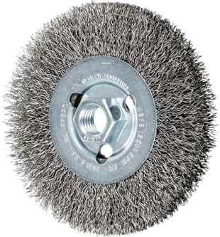 PFERD Crimped Wheel Brush, Stainless Steel Wire, 4-1/2" Diameter, 5/8-11 Thread, 0.014 Wire Size, 15/16" Trim Length, 1/2" Face Width, 12500 max RPM - Part 80354