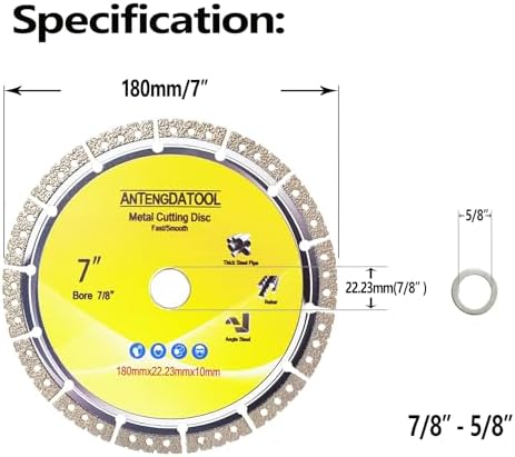 7 Inch Metal Cutting Diamond Blade, 180mm Cut Off Wheel 7/8"-5/8" Arbor for Cast Iron Rebar Carbide Stainless Steel by ANTENGDATOOL