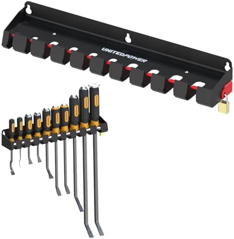 UNITEDPOWER Pry Bar Holder, Lockable Wall Mount Storage Rack Organizer for Workshop, Shed, Garage, Home, Stores up to 10 13 Tools or Extensions