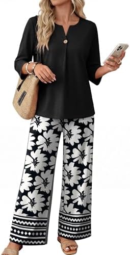 WIHOLL Two Piece Sets for Women 3/4 Length Sleeve Lounge Sets Summer Spring Vacation Travel Outfits Fashion Clothing