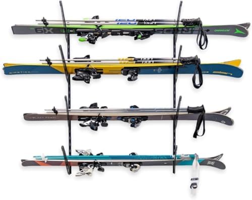 StoreYourBoard Ski Rack Wall Mount, Horizontal Ski Storage Rack for Garage, 4-Level Ski Wall Mount with Padded Arms, Ski Pole Holder, Ski Holders for Wall, Winter Gear Organizer, Black, Holds 100 lbs