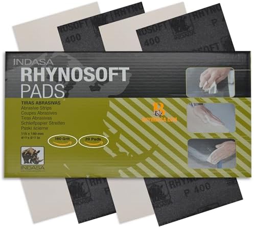 Indasa Rhynosoft Foam Sanding Pads - 4.5" x 5.5",Hook and Loop,180 Grit, Plusline, Flexible, Tear-Resistant, Ideal for Automotive, Wood, & Finishing (Pack of 20 Pads)