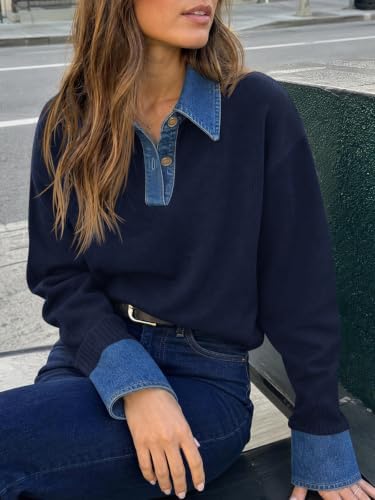 Saodimallsu Womens Denim Patchwork Sweaters V Neck Polo Pullover Tops