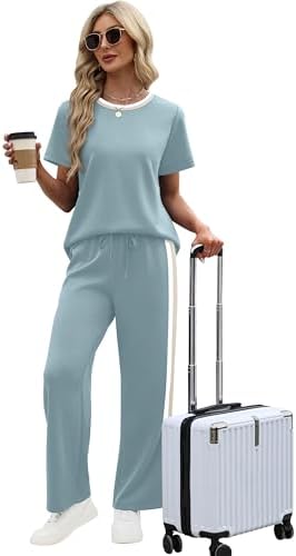 WIHOLL 2 Piece Lounge Sets for Women Matching Set Summer Outfits Short Sleeve Tops Wide Leg Pants with Pockets