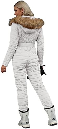 Cicy Bell Womens One Piece Ski Suits Winter Outdoor Sports Jumpsuit Fur Collar Coat Windproof Waterproof Hooded Snowsuit