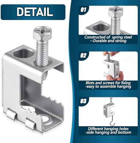 Tandefio 100 Pcs 1/4"-20 Spring Steel Beam Clamps Metal Beam Hanger, Silver