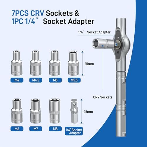 25 in 1 Magnetic Ratchet Screwdriver Set with 7 CRV Metric Sockets | T Handle Allen Wrench Set, S2 Steel Bits, Includes Storage Case. for Home, Furniture, Electronics, DIY, Quick Repairs.