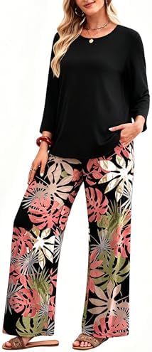 WIHOLL Two Piece Sets for Women Lounge 3/4 Length Sleeve Womens Tops Graphic Pants with Pockets Summer Outfits 2026