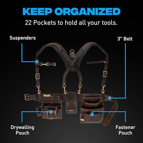 OX Drywall Tool Belt + Suspenders - Leather Tool Pouch Rig - Size L