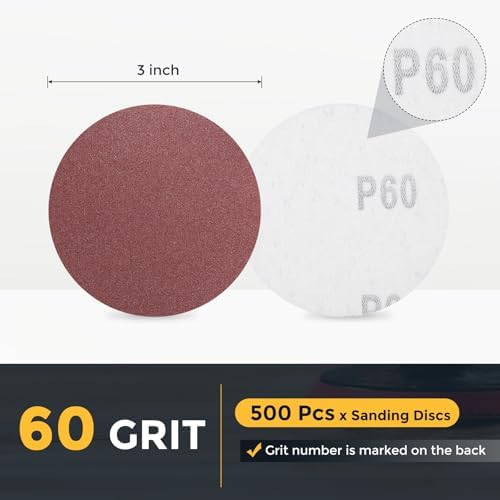 HARFINGTON 500 Pcs 3 Inch Sanding Discs 60 Grit Red Aluminum Oxide