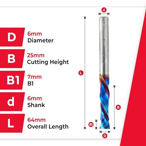Amana Tool Spektra Extreme Tool Life Coated Solid Carbide CNC Compression Spiral Router Bit, 46175-K, 6mm D x 25mm CH x 6mm Shank x 64mm Long 2 Flute