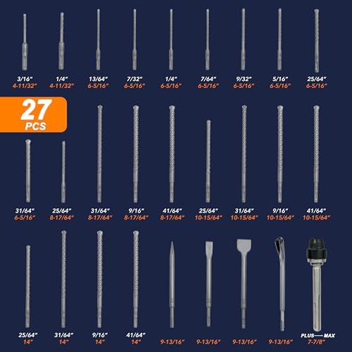 Rotary Hammer Drill Bits Set & Chisels- SDS Plus 27PCS Concrete Masonry Hole Tool with Storage Case for Concrete, Stone, Brick