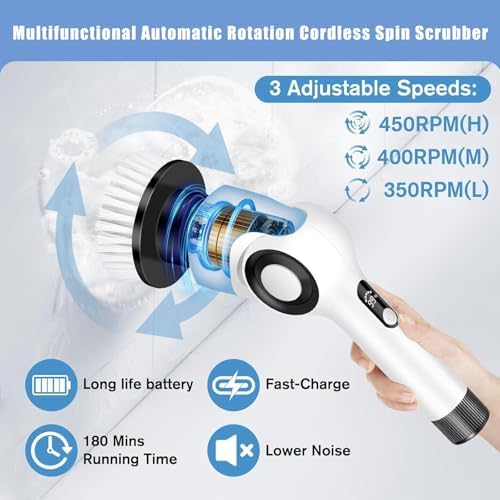 Electric Spin Scrubber, Electric Cleaning Brush, Multifunctional 360 Automatic Rotation Cordless Spin Scrubber with 7 Replaceable Brush Heads for Cleaning Bathroom Kitchen and Floor