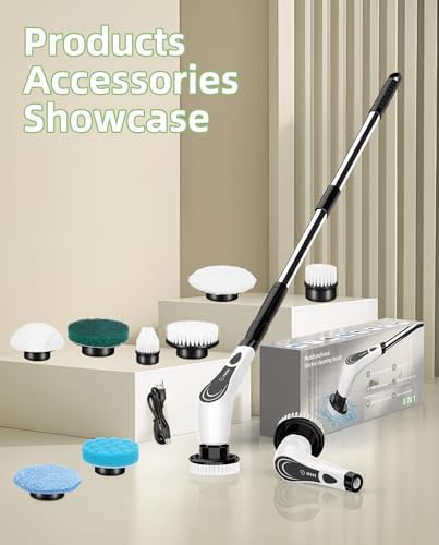 8-Head Cordless Electric Spin Scrubber, Adjustable Handle, White
