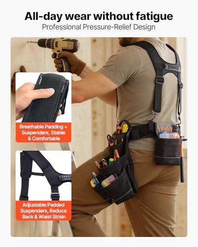 VEVOR Tool Belt, 19 Pockets Tool Pouch with Suspenders for Men, Heavy Duty Adjustable Utility Belt Work Bag Detachable Suspension Rig for Electrician, Carpenter, Construction, Adjust Waist 31 to 51in