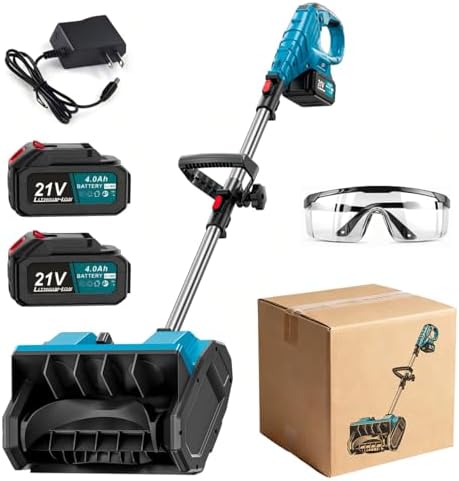 21V Cordless Snow Blower Set, 13-Inch Electric Snow Shovel with Brushless Motor, 2 Li-ion Batteries, Adjustable Handle, Safety Switch for Driveways and Sidewalks (2 Battery Blue)
