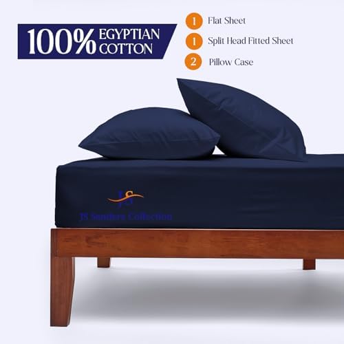JS Sanders Collection 600TC Flex Top Queen Sheets for Sleep Number Bed - 100% Cotton 4 Pcs Top Split Queen Sheets for Adjustable Bed Queen 36 Inch Down Navy Blue -18 Inch Deep