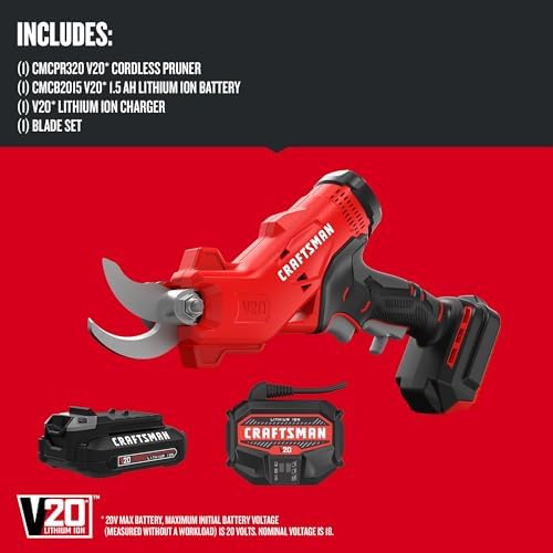 CRAFTSMAN V20 Cordless Electric Pruner, Pruning Shears for Gardening, 2 Ah Battery and Charger Included, Electric Pruning Shears, Tree Pruner (CMCPR320C1)