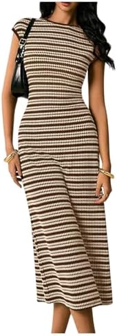 SOLY HUX Women's Striped Midi Dress Casual Work Knit Bodycon Summer Dresses