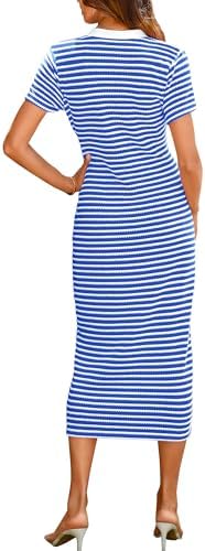 BTFBM Women Casual Summer Dresses Short Sleeve Striped Midi Dresses