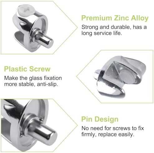 Adjustable Glass Shelf Bracket Pegs 20Pcs Zinc Alloy Frameless Glass Shelf Holder Half Round Cabinet Clamp with Pin Wall Mounted Clips for 3-8mm Glasses (Chrome)