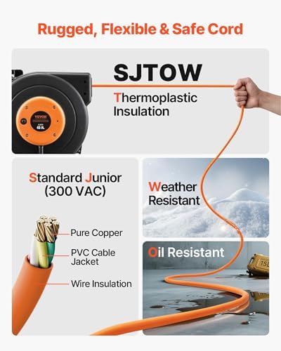 VEVOR Retractable Extension Cord Reel 45 FT 12AWG/3C SJTOW Cord Heavy Duty