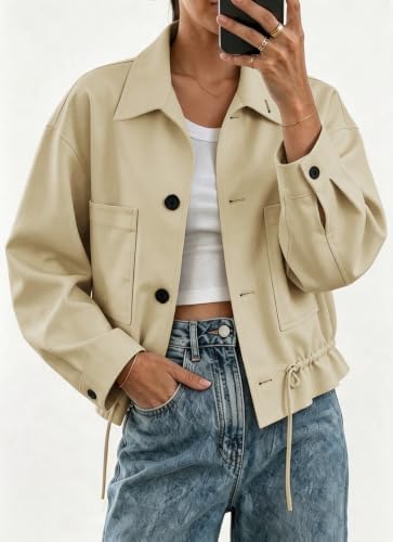 Womens Funnel Neck Jackets Fall Casual Ruffle Hem Cropped Coats