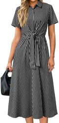 Newshows Women's Work Business Casual Outfits Tie Waist Midi Shirt Dress