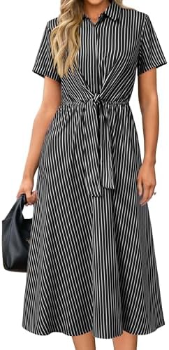 Newshows Women's Work Business Casual Outfits Tie Waist Midi Shirt Dress