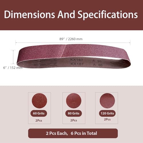 6x89 Inch Sanding Belts, Total 6Pcs Each of 60/80/120Grit of 2Pcs, Aluminum Oxide Abrasive Belts Multi-Grit Assortment for Wood & Metal Sanding/Polishing