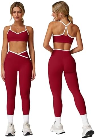 ABOCIW Workout Sets for Women 2 Piece Color Block Strappy Sports Bra High Waist Shorts Gym Yoga Pilates Outfits