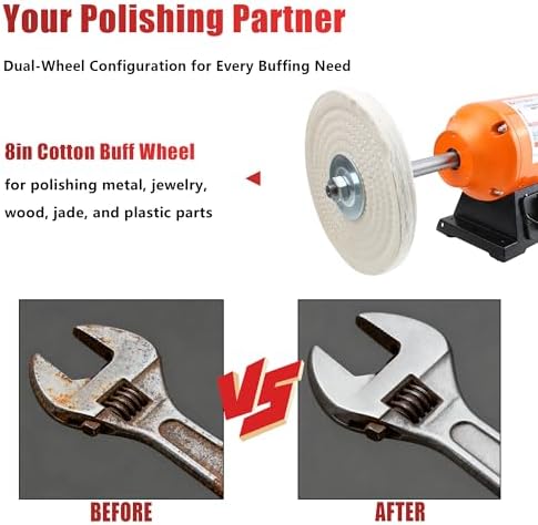 TOOLSPACE 8" Bench Buffer Polisher, 3/4 HP 3450 RPM, Dual Cloth Wheels for Knife Sharpening, Jewelry Polishing, Metal & Wood Finishing