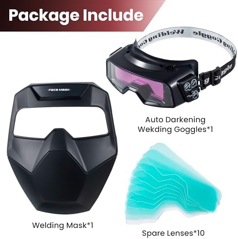 Meonum Auto Darkening Welding Goggles, Wide Rang Shade 4/5-9/9-13, Welding Glasses with Welder Mask and 10 Replacement Lenses, Adjustable Sensitivity work for TIG MIG ARC Plasma Cutting