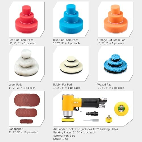 1/2/3in Mini Orbital Sander Pneumatic da sander Polisher for Auto Body Work Wood working, with 18 Pcs 1/2/3in Polishing Sponge & Wool Pads, 30Pcs Sandpapers (Yellow)