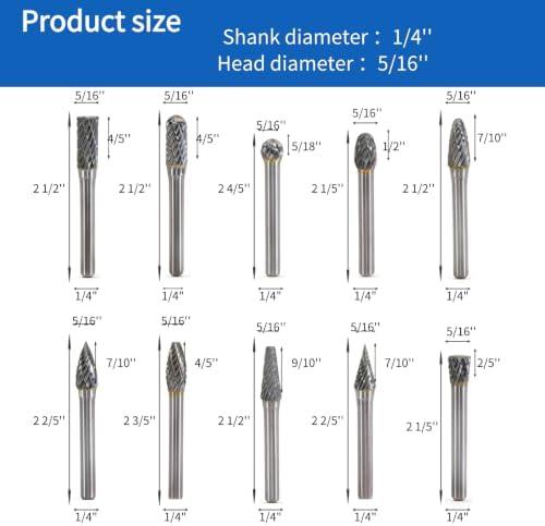 Carbide Burr Set 1/4" Shank 5/16" Head, 10-Pack