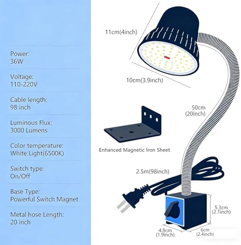 Magnetic Work Light, 3000 Lumen Work Light with Strong Magnetic Base, Workshop Tool Light for Woodworking Shop, Garage Workbench, Lathe, Sewing and Bandsaw, 98-inch Extended Cord, Black