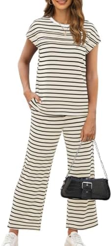 WIHOLL Two Piece Sets for Women Summer Spring Travel Vacation Outfits Cap Sleeve Lounge Matching Sets Wide Leg Pants S-3XL