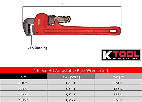 K Tool International 49000 Adjustable Pipe Wrench Set for Garages, Repair Shops and DIY, Drop Forged Steel Jaws, Cast Iron Body, Sizes include 8", 10", 14", 18", Red, 4 Piece