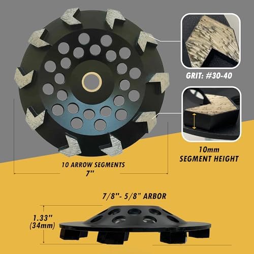 7" Diamond Grinding Wheel 10 Arrow Seg for Concrete & Coating 7/8"-5/8"