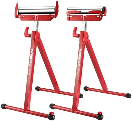 WORKPRO Folding Roller Stand Height Adjustable, Heavy Duty 250 LB Load Capacity, Outfeed Woodworking (Upgraded head), 2PCS