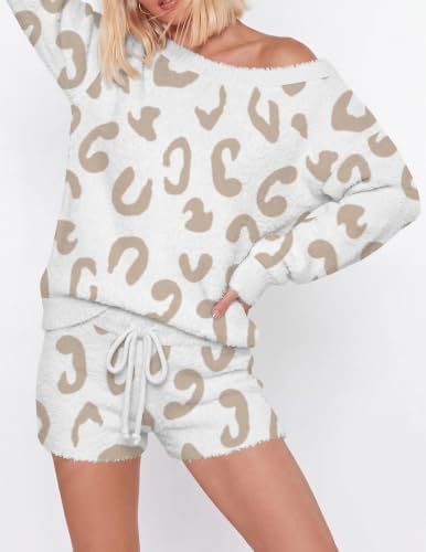 Ekouaer Fuzzy Fleece Pajamas 2 Piece Warm Soft Lounge Set Long Sleeve Sweater Top and Shorts Loungewear Outfits Sweatsuits