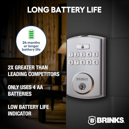 Brinks Fingerprint Door Lock, Keyless Entry Biometric Lock, Electronic Keypad Fingerprint Deadbolt with Auto-Locking, Front Door Lock and Interior Knob Set, Easy Installation, Satin Nickel