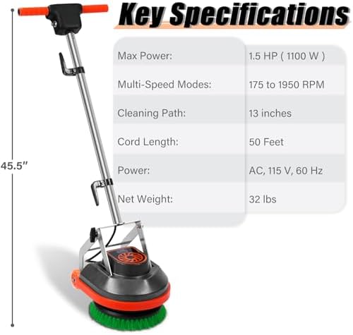 HHQ Commercial Floor Scrubber Machine with Brushes and Pads, Heavy Duty Floor Cleaner Polisher and Buffer- Deep Cleaning Tile and Grout, Hardwood Floors and Carpets without Getting on Hands and Knees