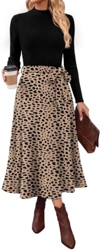 OFEEFAN Long Sleeve Dress Mock Neck Tie Waist Ribbed Knit Midi Dresses Fall Outfits