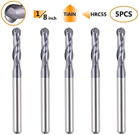 SpeTool 5Pcs Ball Nose Router Bits 1/8" Cutting Diameter Milling Tool HRC55, 1/8" Shank Up Cut Spiral CNC Tool
